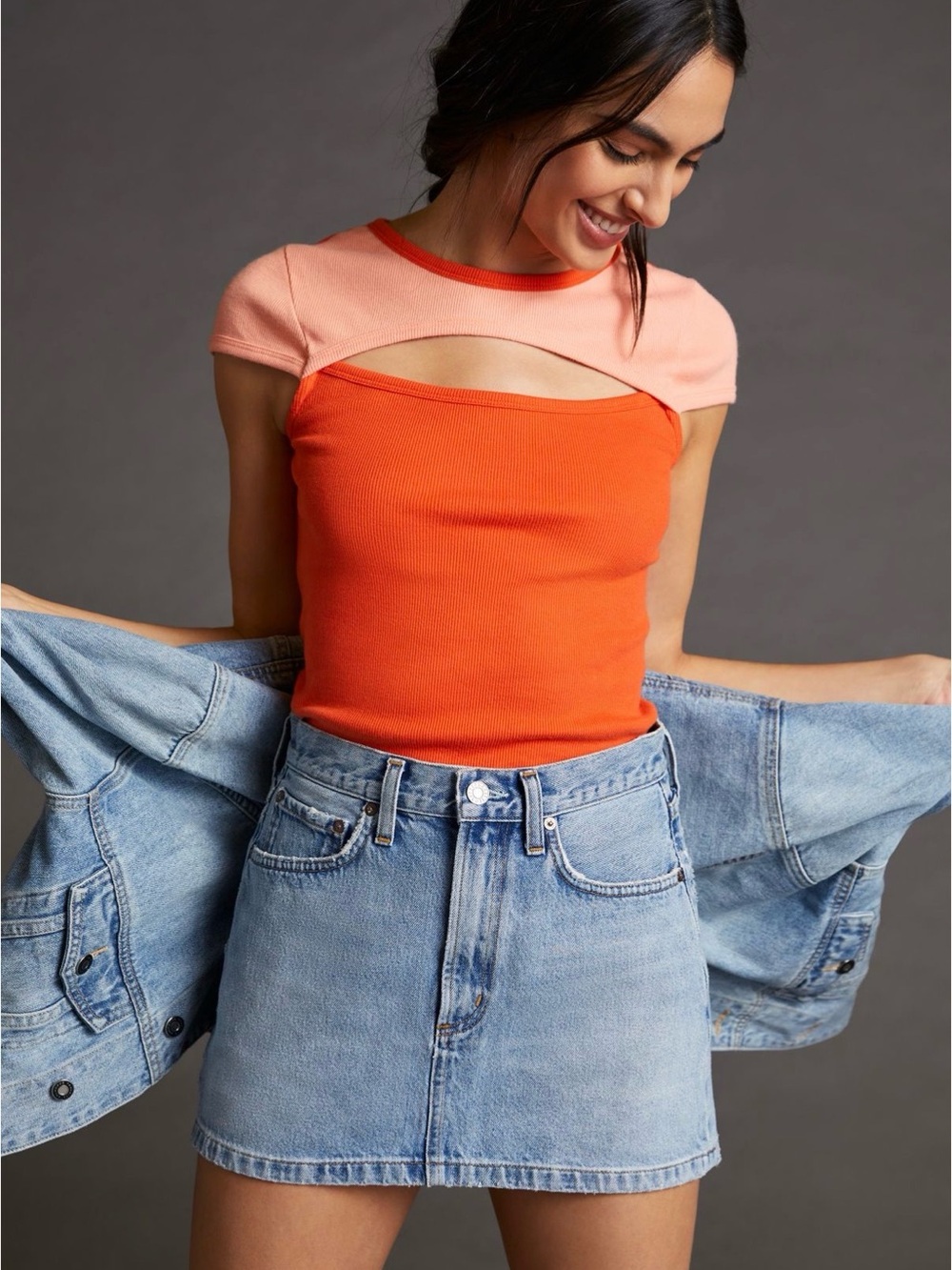Anthropologie Two-Tone Orange Cutout Ribbed Tank